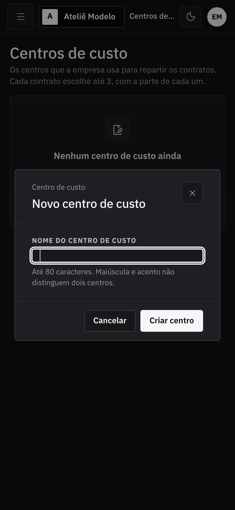 Novo centro no celular