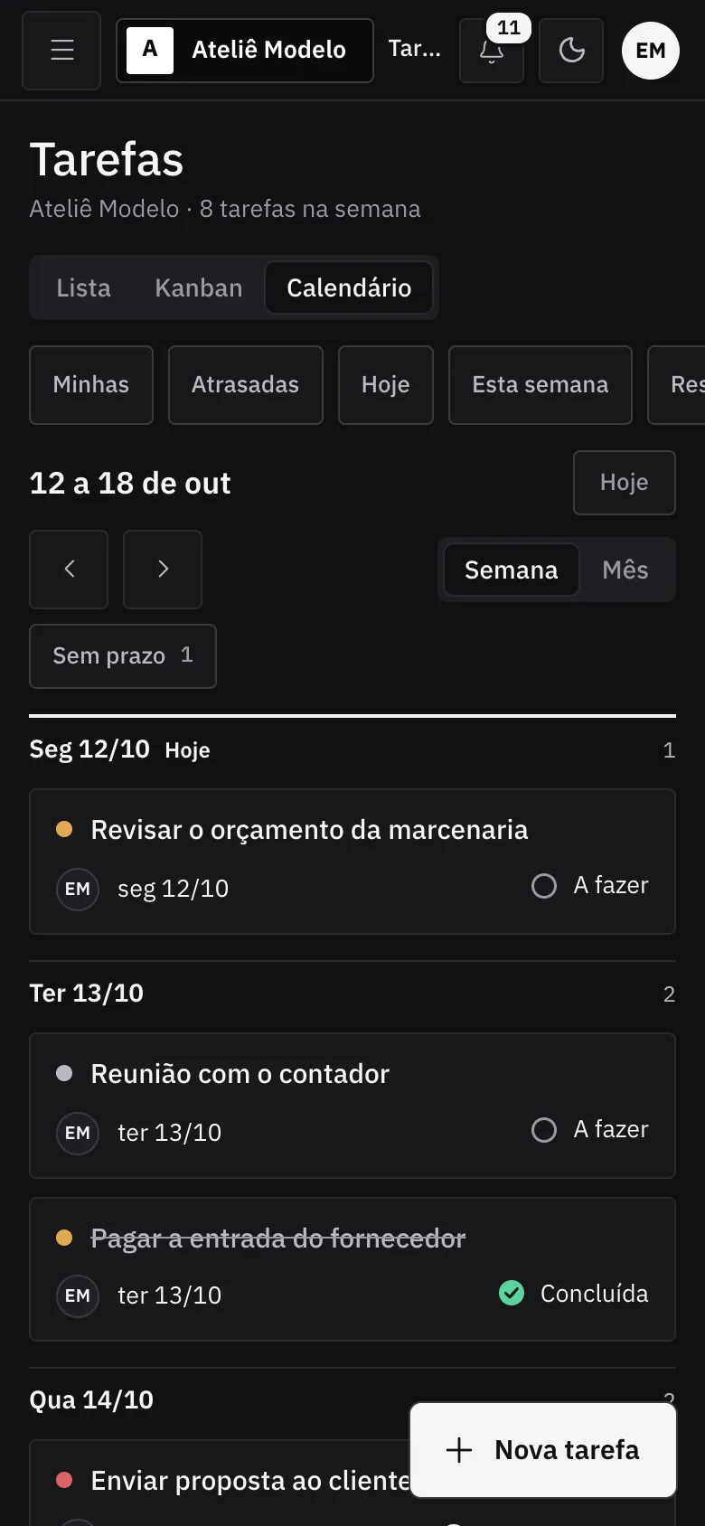 Calendário no celular