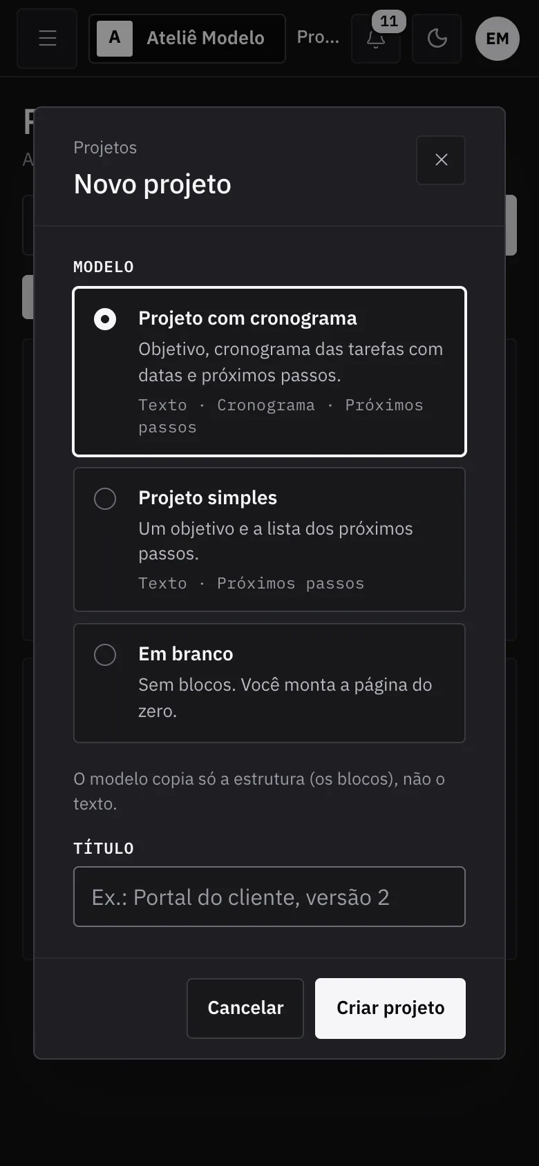 Novo projeto no celular